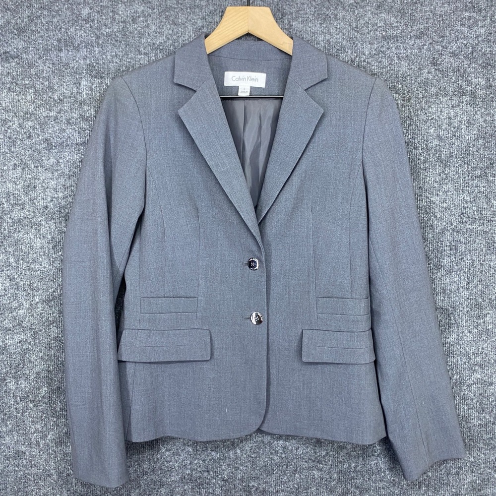 Calvin Klein Womens Gray 2-Button Tailored Blazer Jacket Size 4 Professional